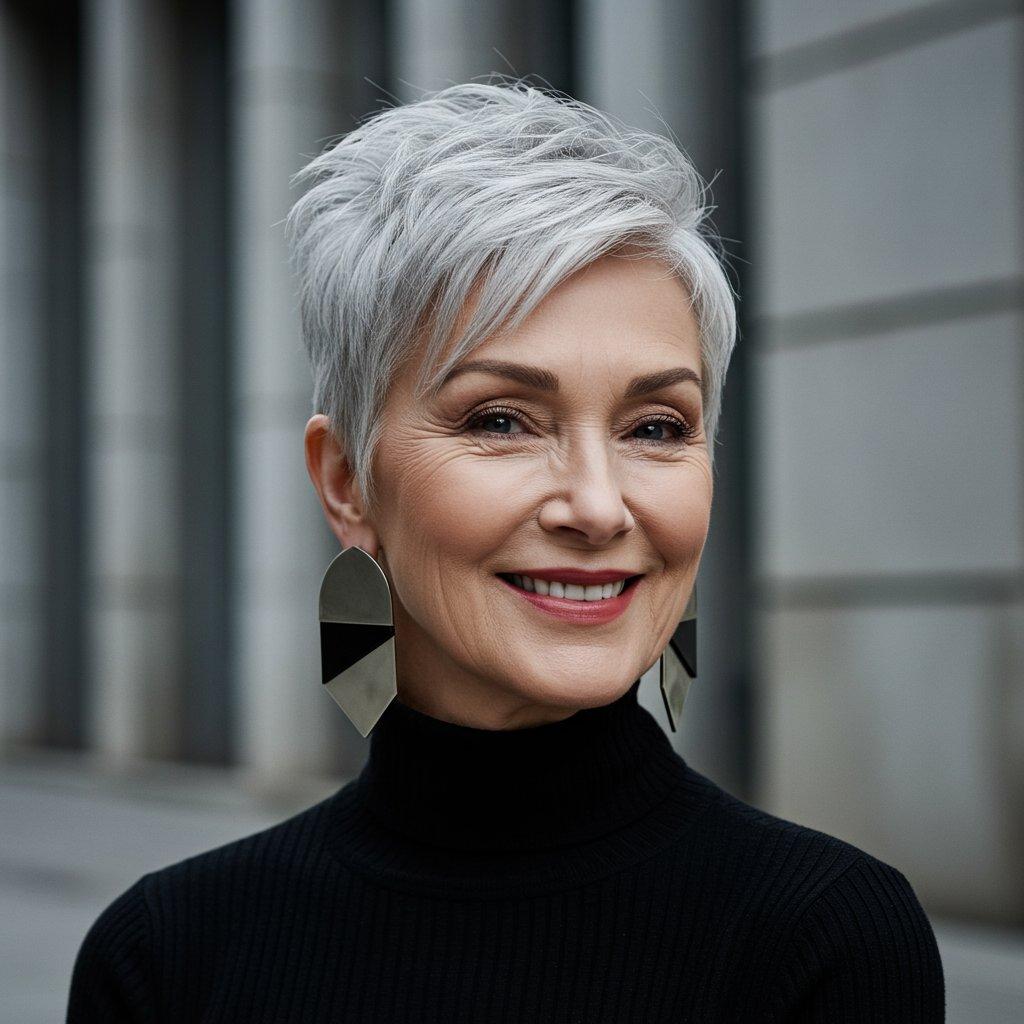 Pixie Cut Frauen ab 50 mit Brille und kurzem Haar
