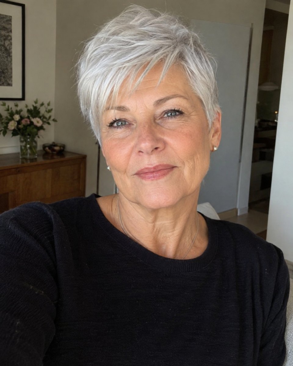 Silberner Pixie Cut mit natürlichem Haar